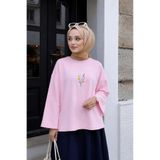 Lunfia Çiçek Nakışlı Salaş Yuvarlak Yaka Bluz - Pembe
