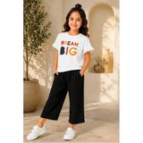Luniva Butik Dream Big Baskılı Kız Çocuk Fırfır Kollu Tişört ve Bol Paça Pantolon 2'li Takım – Siyah Pantolon - 5 - 6 Yaş