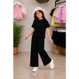 Luniva Butik Kız Çocuk Taş Detaylı 3'lü Takım – Bisiklet Yaka Kısa Kollu Bluz, Bol Paça Pantolon ve Yazlık Şapka - 6 – 7 Yaş - Siyah