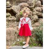 Luniva Butik Luniva Kids Kız Çocuk Ekru Yakalı Bluz ve Pudra Pembe & Kırmızı & Siyah Pileli Etek Takımı – Şık 2'li Kombin - 5 – 6 Yaş