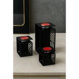 LUNOART 3’lü Metal Mumluk Seti – Geometrik Desenli Siyah Modern Dekoratif Mumluk