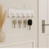 Lunoart Bismillah Yazılı Metal Anahtarlık Askılığı – Siyah | 6 Askılı Modern Duvar Dekoru - Beyaz