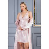Lunoche Nightwear Kadın Dantelli Sırt Detaylı Uzun Saten Çeyizlik Ikili Gecelik Sabahlık Takımı - Pudra