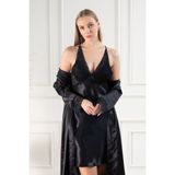 Lunoche Nightwear Kadın Dantelli Sırt Detaylı Uzun Saten Çeyizlik Ikili Gecelik Sabahlık Takımı - Siyah