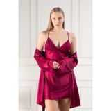 Lunoche Nightwear Kadın Güpür Detaylı Saten Çeyizlik Ikili Gecelik Sabahlık Takımı - Bordo