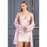 Lunoche Nightwear Kadın Güpür Detaylı Saten Çeyizlik Ikili Gecelik Sabahlık Takımı - Pudra
