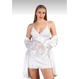 Lunoche Nightwear Saten Kadın Dantel Sırt Detaylı Saten Çeyizlik Ikili Gecelik Sabahlık Takımı - Beyaz - XL