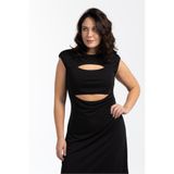LUOKK MYSTERY Vatkalı Pencere Detaylı Büyük Beden Midi Boy Asimetrik Elbise Siyah