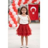 Lupinn 23 Nisan Kız Çocuk Kombini Kırmızı Tütü Etek Ekru Fırfırlı Bluz Bayram Gösteri Özel Gün Takım - 7 - 8 Yaş