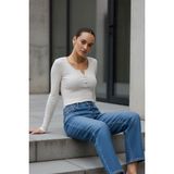 Lupinn Kadın Bej V Yaka Düğmeli Uzun Kollu Basic Slim Fit Bluz – Kadın Bluz - 48