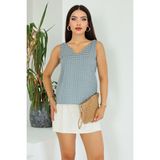 Lupinn Moda Kadın Turkuaz Beyaz Ekose Desenli V Yaka Arkası Çapraz Askılı Kolsuz Bluz - 38 - Yeşil