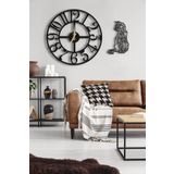 LUPOKRAFT Modern Siyah Yuvarlak Ahşap Dekoratif Duvar Saati Ve Kedili Tablo - 48x48cm SİYAH 48 x 48
