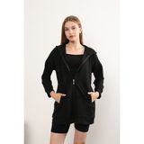 Luqaj Basic Uzun Fermuarlı Kapüşonlu Modest Iki Iplik Likralı Lux Cepli Sweatshirt Tesettür Tunik - 44 - Siyah