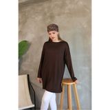LUQAJ Modest Düşük Kol Kahverengi Oversize Likralı Modal Penye Pamuklu Tesettür Basic Tunik