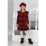Lusana 3022 3-7 Yaş Şapkalı Ekoseli Kışlık Elbise - 5 Yaş - Kırmızı