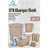 Lusenne Çamaşır Sepeti: Banyo Seti, Deterjanlık, ve Fırça ile 5'li, Latte Krem Renk