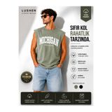 Lushen Haki Michigan Unisex Kabartma Baskılı Oversize Kolsuz Rahat Kalıp Spor Atlet Tshirt Tişört