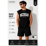 Lushen Siyah Michigan Unisex Kabartma Baskılı Oversize Kolsuz Rahat Kalıp Spor Atlet Tshirt Tişört