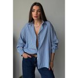 Lusin Kadın Lacivert Çizgili Oversize Salaş Kesim Uzun Kol Gömlek