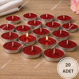 Lusora Design Tealight Mum - Simli Kırmızı Küçük Yuvarlak Sevgililer Günü Yer ve Masa Mumu 20 Adet - Metalik Kırmızı