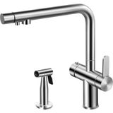 Lusso 4040 Station Pure Arıtma Çıkışlı Dual Flow Harici El Duşlu Spiralli Mutfak Evye Bataryası Pull-Down L Tipi Çelik Platinum Stain Inox - Adaçayı Yeşili