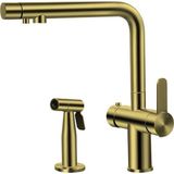 Lusso 4040 Station Pure Arıtma Çıkışlı Dual Flow Harici El Duşlu Spiralli Mutfak Evye Bataryası Pull-Down L Tipi Ipeksi Altın - Adaçayı Yeşili