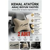 luvak Peluş K. Atatürk İmzalı Nakışlı Bej Oto Boyun Yastığı (2 ADET) Araç Koltuk Boyun Destek Yastığı Seti Oto Aksesuar