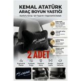 luvak Peluş K. Atatürk İmzalı Nakışlı Siyah Oto Boyun Yastığı (2 ADET) Araç Koltuk Boyun Destek Yastığı Seti Oto Aksesuar Hediyelik
