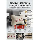 luvak Peluş Kedicik Nakışlı Bej Oto Boyun Yastığı (2 ADET) Araç Koltuk Boyun Destek Yastığı Seti Oto Aksesuar