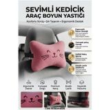 luvak Peluş Kedicik Nakışlı Pembe Oto Boyun Yastığı (2 ADET) Araç Koltuk Boyun Destek Yastığı Seti Oto Aksesuar