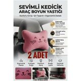 luvak Peluş Kedicik Nakışlı Pembe Oto Boyun Yastığı (2 ADET) Araç Koltuk Boyun Destek Yastığı Seti Oto Aksesuar
