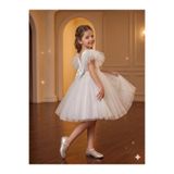 Luvia Kids Dress Kol Tül Dökümlü Beyaz Elbise Doğum Günü Parti Gösteri 23 Nisan Elbisesi