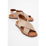 LuviShoes 706 Hakiki Deri Bej Süet Kadın Sandalet