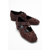 LuviShoes ADDISON Kahverengi Süet Taşlı Çapraz Bantlı Kadın Babet Ayakkabı