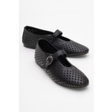 LuviShoes ARİAN Siyah Cilt Hakiki Deri Delikli Kadın Babet Ayakkabı