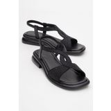 LuviShoes AURORA Siyah Hakiki Deri Taşlı Kadın Sandalet