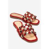 LuviShoes BAREON Kırmızı Süet Hakiki Deri Bantlı Altın Tokalı Kadın Terlik