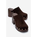 LuviShoes BELLUNE Kahverengi Süet Hakiki Deri Perçin Detaylı Kadın Kalın Topuklu Terlik