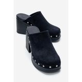 LuviShoes BELLUNE Lacivert Süet Hakiki Deri Perçin Detaylı Kadın Kalın Topuklu Terlik