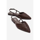 LuviShoes CHANDA Kahverengi Örgü Detaylı Sivri Burun Kadın Sandalet