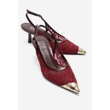 LuviShoes CLEM Bordo Dantel Detaylı Altın Burunlu Kadın Topuklu Ayakkabı