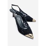 LuviShoes CLEM Lacivert Dantel Detaylı Altın Burunlu Kadın Topuklu Ayakkabı