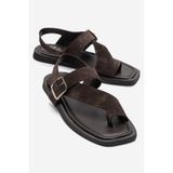 LuviShoes CURRY Kahverengi Süet Hakiki Deri Parmak Arası Kadın Sandalet