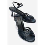 LuviShoes DANICA Lacivert Cilt İnce Bantlı Kadın Topuklu Ayakkabı