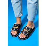 LuviShoes DUNGEON Siyah Renkli Tüvit Çift Bantlı Taş Tokalı Kadın Terlik