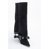 LuviShoes ELVA Siyah Süet Kemer Tokalı Kadın İnce Topuklu Çizme
