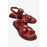 LuviShoes FABIANA Kırmızı Hakiki Deri Tokalı Kadın Parmak Arası Sandalet