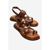 LuviShoes FABIANA Taba Hakiki Deri Tokalı Kadın Parmak Arası Sandalet