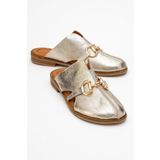 LuviShoes FAVOR Altın Metalik Hakiki Deri Tokalı Önü Kapalı Kadın Terlik