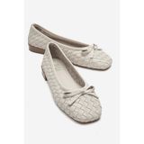 LuviShoes GAREN Krem Örgü Hakiki Deri Fiyonklu Kadın Babet Ayakkabı